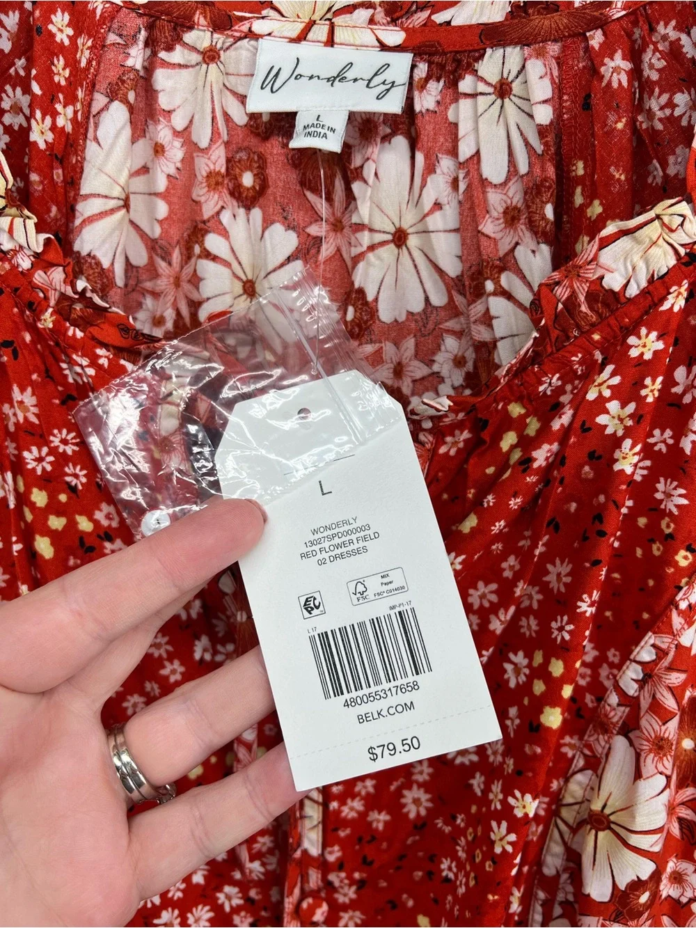 Wonderly Red Flower Field Mini Dress Boho Flowy Prairie Womens Large NWT - Picture 3 of 7